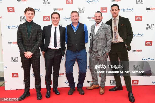 Harry Kirton, Finn Cole, Steven Knight, Packy Lee and Daryl McCormack attend the premiere of the 5th season of "Peaky Blinders" at Birmingham Town...
