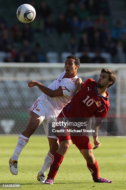 Thiago Alcantara of Spain challenged by Jan Moravek during the UEFA European Under-21 Championship Group B match between Czech Republic and Spain at...