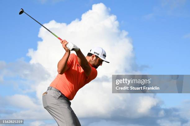 Jon Rahm of Spain tees off the 14th during the first round of the 148th Open Championship held on the Dunluce Links at Royal Portrush Golf Club on...