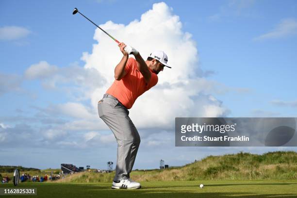 Jon Rahm of Spain tees off the 14th during the first round of the 148th Open Championship held on the Dunluce Links at Royal Portrush Golf Club on...