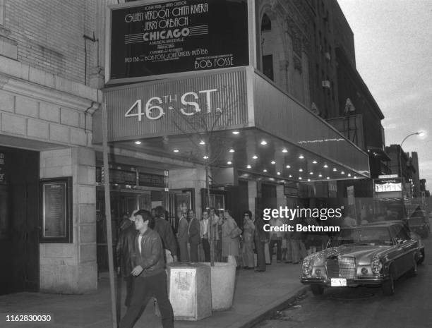 Ticket-seekers line up outside the 46th Street Theater to purchase tickets for the musical "Chicago." "Chicago" was one of the first musicals to...