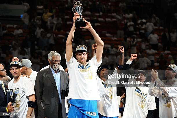 Dirk Nowitzki of the Dallas Mavericks celebrates deafeating the Miami Heat in Game Six of the 2011 NBA Finals on June 12, 2011 at the American...