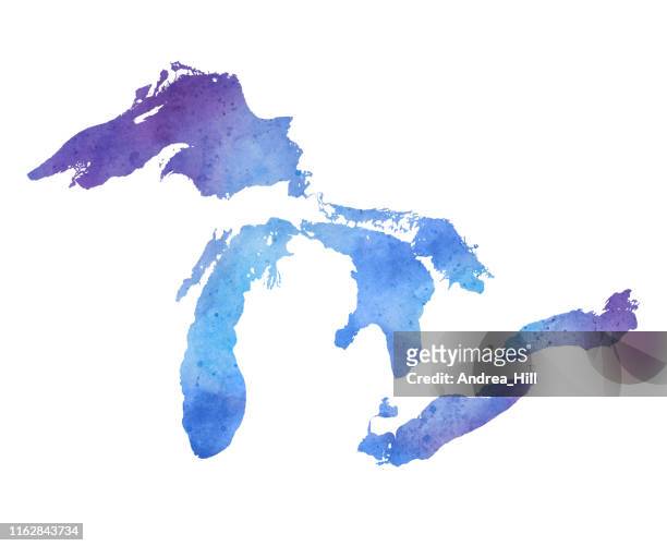 great lakes watercolor raster map illustration in cool colors - lake ontario stock illustrations