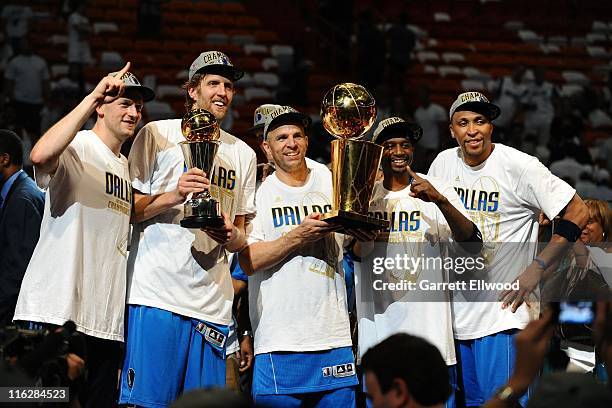 Jason Kidd and the Dallas Mavericks lifts the Larry O'Brien Trophy in celebration after defeating the Miami Heat in Game Six of the 2011 NBA Finals...