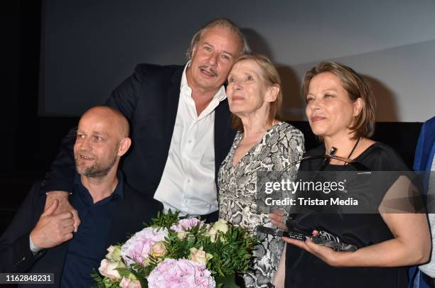 Juergen Vogel, Leander Haussmann, Margit Carstensen and Tanja George attend the Goetz George Award at Astor Film Lounge on August 19, 2019 in Berlin,...