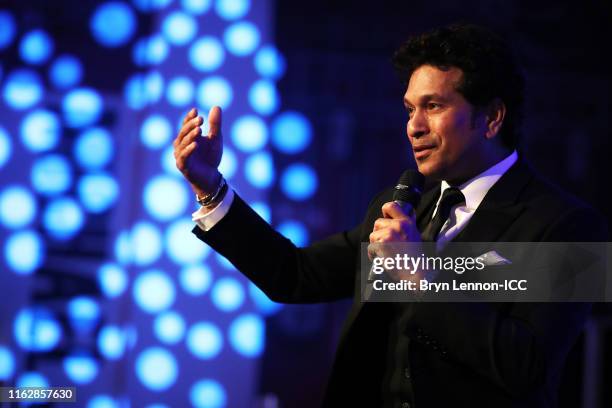 Sachin Tendulkar of India is inducted into the ICC hall of Fame during the ICC Annual Conference dinner at Madame Tussauds London on July 18, 2019 in...