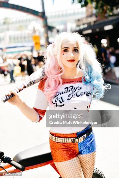 Cosplayer dressed as Harley Quinn attends the 2019 Comic-Con International on July 18, 2019 in San Diego, California.