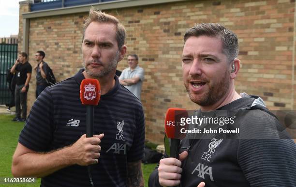 Legend Jason McAteer is interviewed by Peter McDowall of Liverpool during a training session at Notre Dame Stadium on July 18, 2019 in South Bend,...