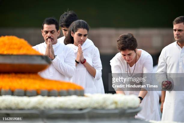 Robert Vadra, his son Raihan, daughter Miraya, wife Priyanka Gandhi Vadra and former Congress President Rahul Gandhi pay homage to former Prime...