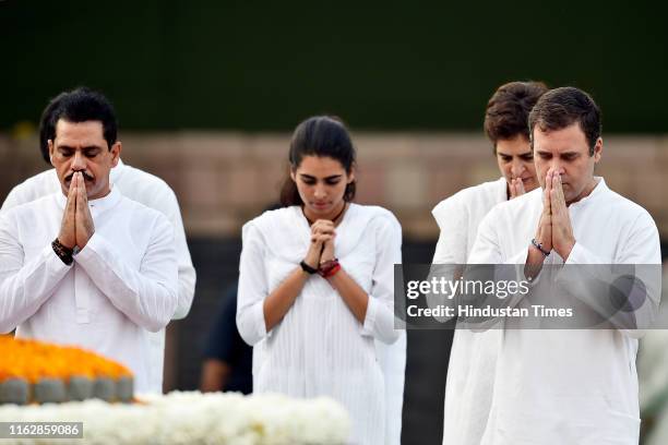 Robert Vadra, his son Raihan, daughter Miraya, wife Priyanka Gandhi Vadra and former Congress President Rahul Gandhi pay homage to former Prime...