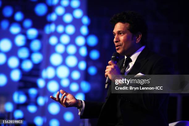 Sachin Tendulkar of India is inducted into the ICC hall of Fame during the ICC Annual Conference dinner at Madame Tussauds London on July 18, 2019 in...