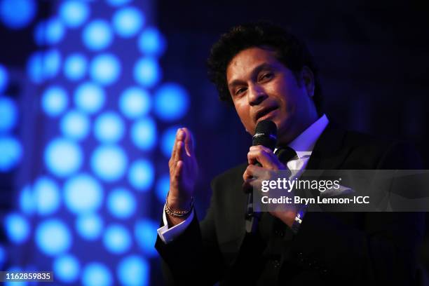 Sachin Tendulkar of India is inducted into the ICC hall of Fame during the ICC Annual Conference dinner at Madame Tussauds London on July 18, 2019 in...
