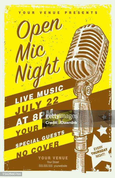 retro open mic night poster design template with vintage microphone - flyer leaflet stock illustrations