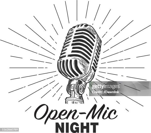 retro open mic night design template with vintage microphone - open mic stock illustrations