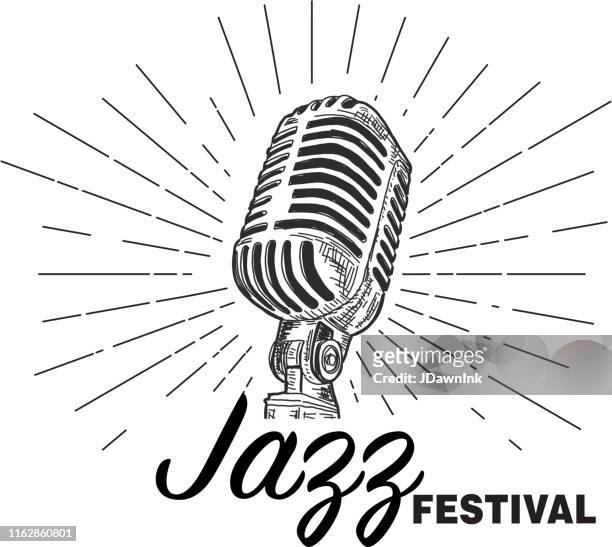 illustrazioni stock, clip art, cartoni animati e icone di tendenza di modello di design retro jazz festival con microfono vintage - microfono