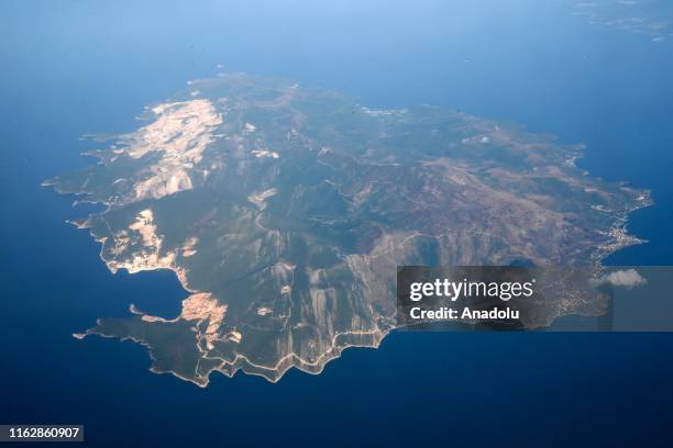 Photo shows an aerial view of Thasos Island in Greece on August 17, 2019.