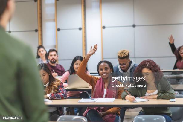 een multi-etnische groep studenten die naar presentaties luistert - community college stockfoto's en -beelden