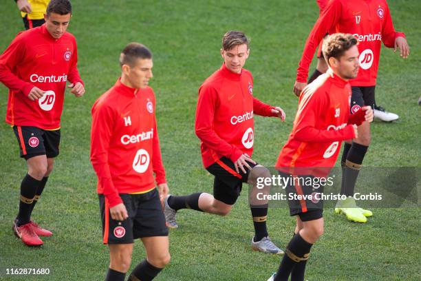 Radoslaw Majewski of the Wanderers in a skills session during a Western Sydney Wanderers training session at Bankwest Stadium on July 19, 2019 in...