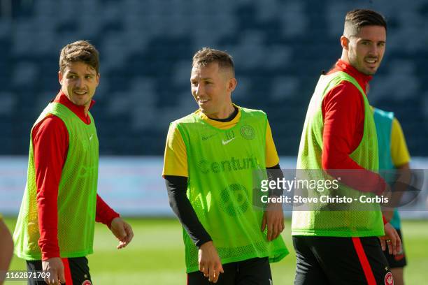 Radoslaw Majewski of the Wanderers in a skills session during a Western Sydney Wanderers training session at Bankwest Stadium on July 19, 2019 in...