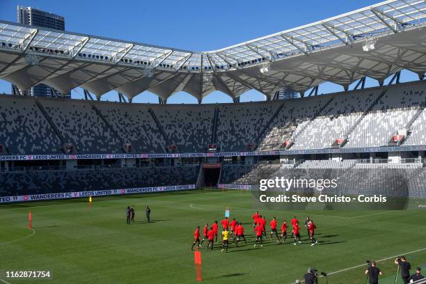 The Wanderers warm up during a Western Sydney Wanderers training session at Bankwest Stadium on July 19, 2019 in Sydney, Australia.