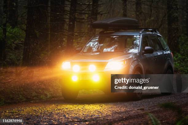 subaru forester on a dark pnw forest road - fuji heavy industries stock pictures, royalty-free photos & images