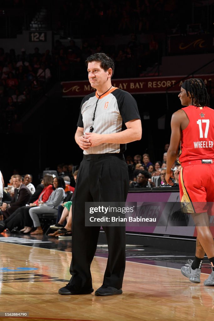 Referee Roy Gulbeyan looks on during the AT&T WNBA AllStar Game 2019