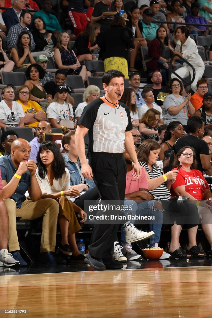 Referee Roy Gulbeyan looks on during the AT&T WNBA AllStar Game 2019
