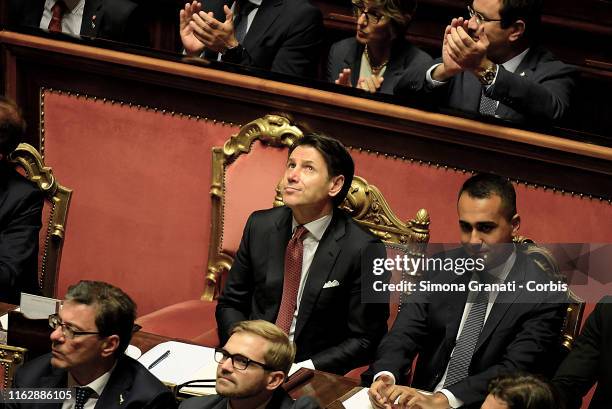 Prime Minister Giuseppe Conte listens to Matteo Salvini's speech to the Senate Assembly on August 20, 2019 in Rome, Italy.