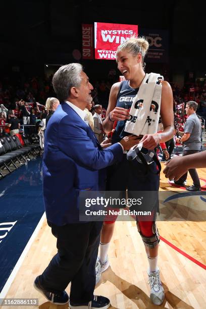 Ted Leonsis, owner of the Washington Mystics, talks to Elena Delle Donne after the game against the Seattle Storm on August 14, 2019 at the...