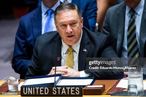 Secretary of State Mike Pompeo speaks during a Security Council meeting at the United Nations on August 20, 2019 in New York City. Prior to the...