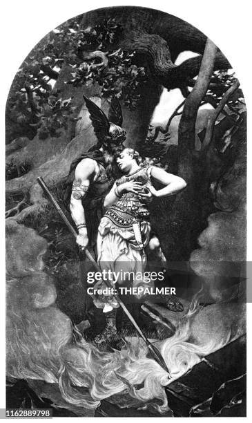 wotan and brunhild engraving 1892 - valkyrie mythological figure stock illustrations
