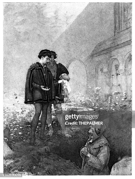 hamlet and the g5ravedigger engraving 1892 - hamlet shakespeare stock illustrations