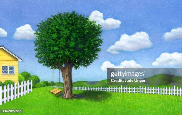 ilustraciones, imágenes clip art, dibujos animados e iconos de stock de tree & fence - columpio de cuerda