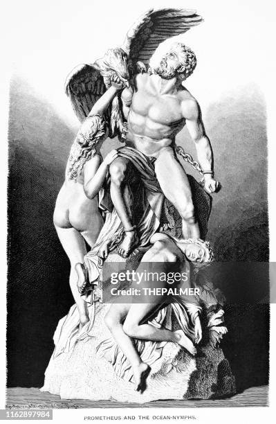 prometheus and the ocean nymphs engraving 1892 - prometheus rockefeller center stock illustrations