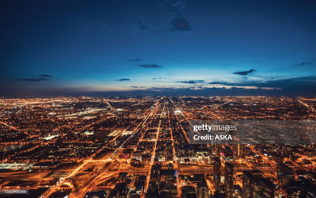 Aerial View of Chicago Skyline at Night