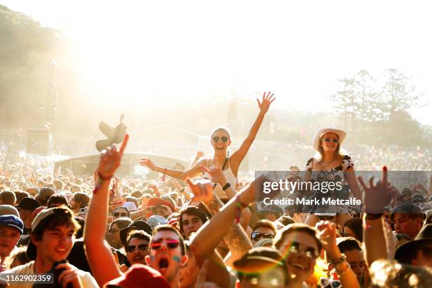 Festival goers watch Wolfmother perform on the Amphitheatre stage during Splendour In The Grass 2019 on July 19, 2019 in Byron Bay, Australia.