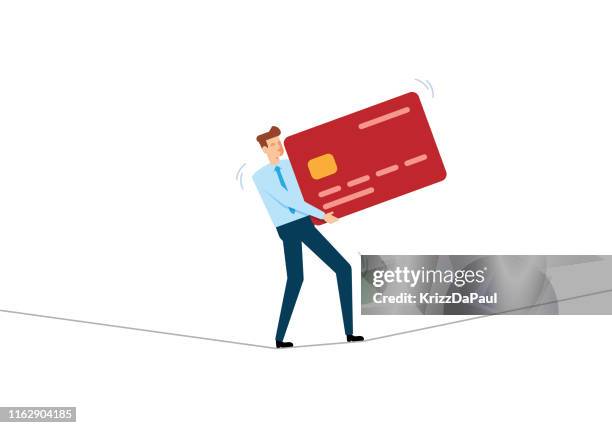 stockillustraties, clipart, cartoons en iconen met zakenman die op het tightrope concept loopt - credit card