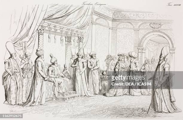 The Sultan of the Ottoman Empire receiving some dignitaries, Istanbul, Turkey, engraving by Lago from a drawing by Giacomo Casa, from Il costume di...