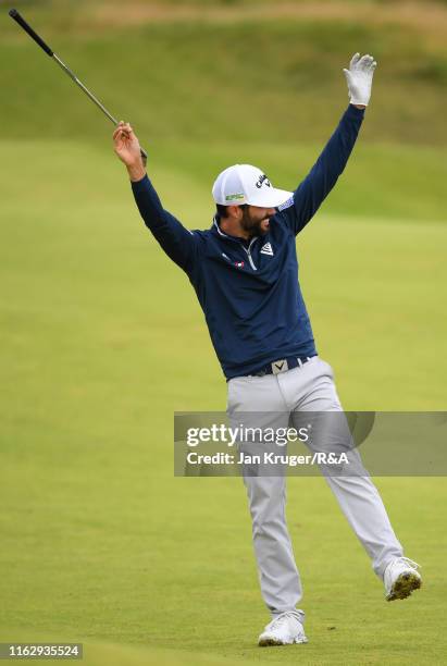 Adam Hadwin of Canada celebrates his second shot to make an eagle on the eighth hole during the second round of the 148th Open Championship held on...