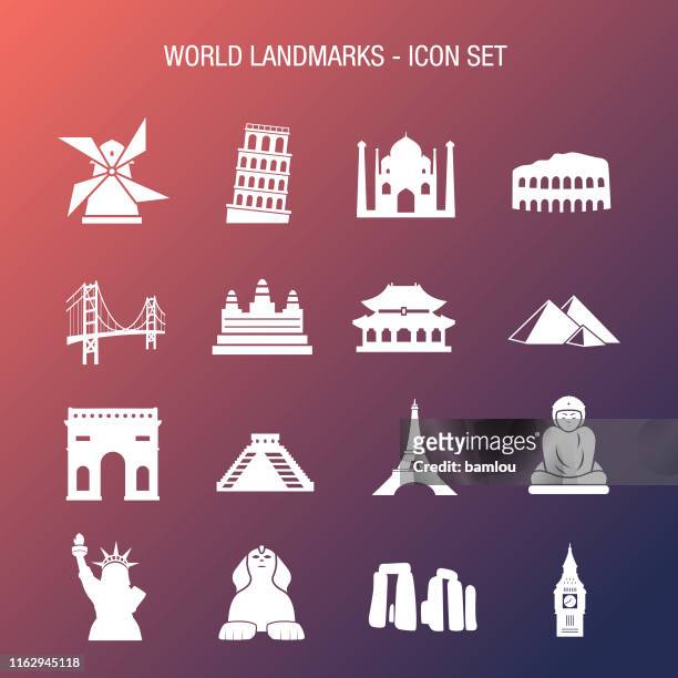 world landmarks icon set coral and blue gradient background - new york state icon stock illustrations