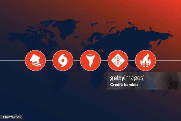 highly detailed world map with natural disaster icons and gradient background - extreme weather stock illustrations