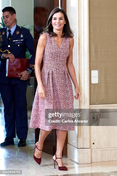 Queen Letizia of Spain attends several audiences at Zarzuela Palace on July 19, 2019 in Madrid, Spain.