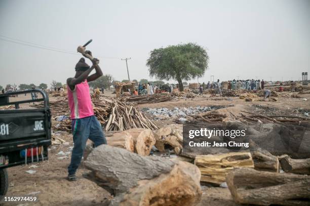 Man cuts firewoods inside an IDP camp on April 21, 2019 in Maiduguri, Nigeria. General elections were held in Nigeria on 23 February 2019 to elect...