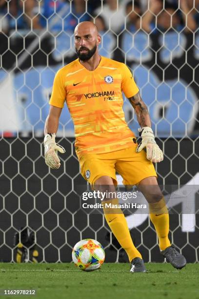 Willy Caballero of Chelsea in action during the preseason friendly match between Kawasaki Frontale and Chelsea at Nissan Stadium on July 19, 2019 in...