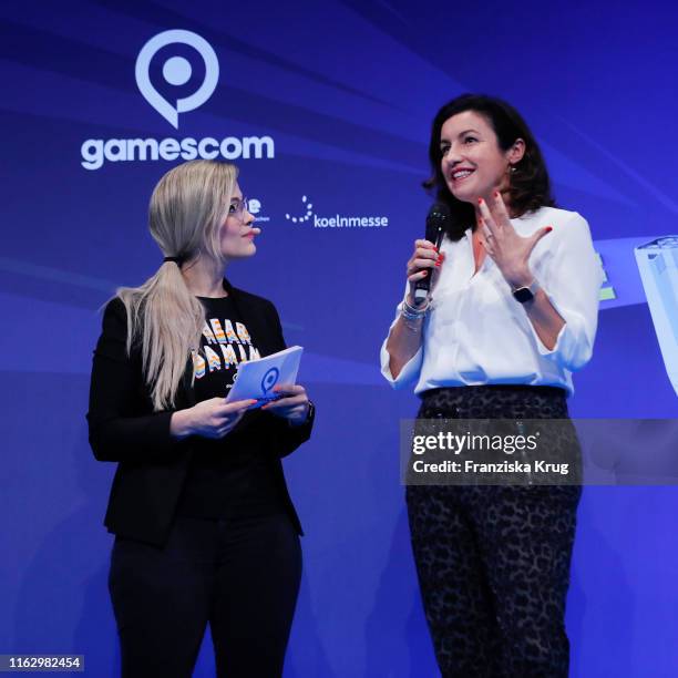 Melek Balguen and Dorothee Baer during the Gamescom 2019 gaming trade fair on August 20, 2019 in Cologne, Germany. Gamescom is the world's largest...