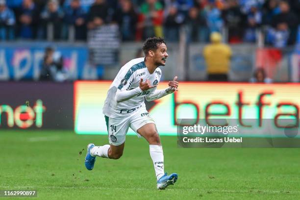 Gustavo Scarpa of Palmeiras celebrates after scoring the first goal of his team during the match Gremio v Palmeiras as part of Copa CONMEBOL...