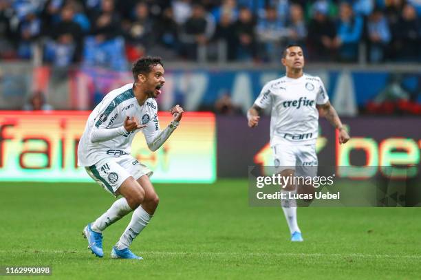 Gustavo Scarpa of Palmeiras celebrates after scoring the first goal of his team during the match Gremio v Palmeiras as part of Copa CONMEBOL...