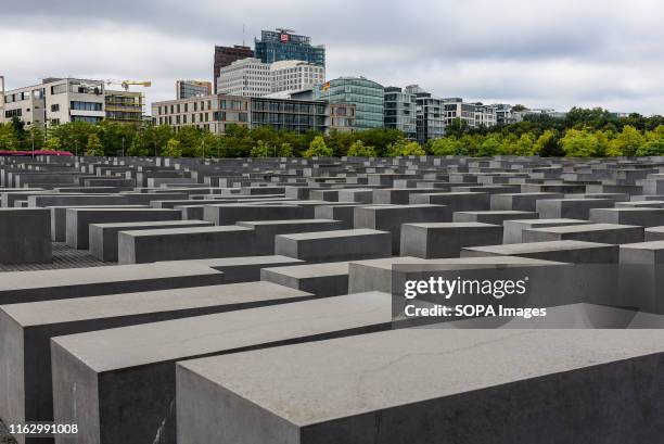 View of concrete slabs or "stelae" part of the Memorial to the Murdered Jews of Europe or "Holocaust Memorial" located south of the Brandenburg Gate....