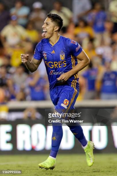 Carlos Salcedo of Tigres UANL celebrates after making the final goal against Club America in overtime penalty kicks during the Leagues Cup semifinal...