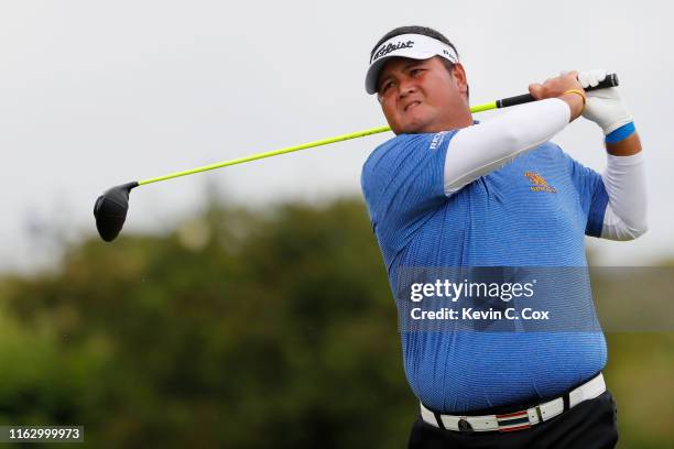 Prom Meesawat of Thailand tees off the 4th during the second round of the 148th Open Championship held on the Dunluce Links at Royal Portrush Golf...